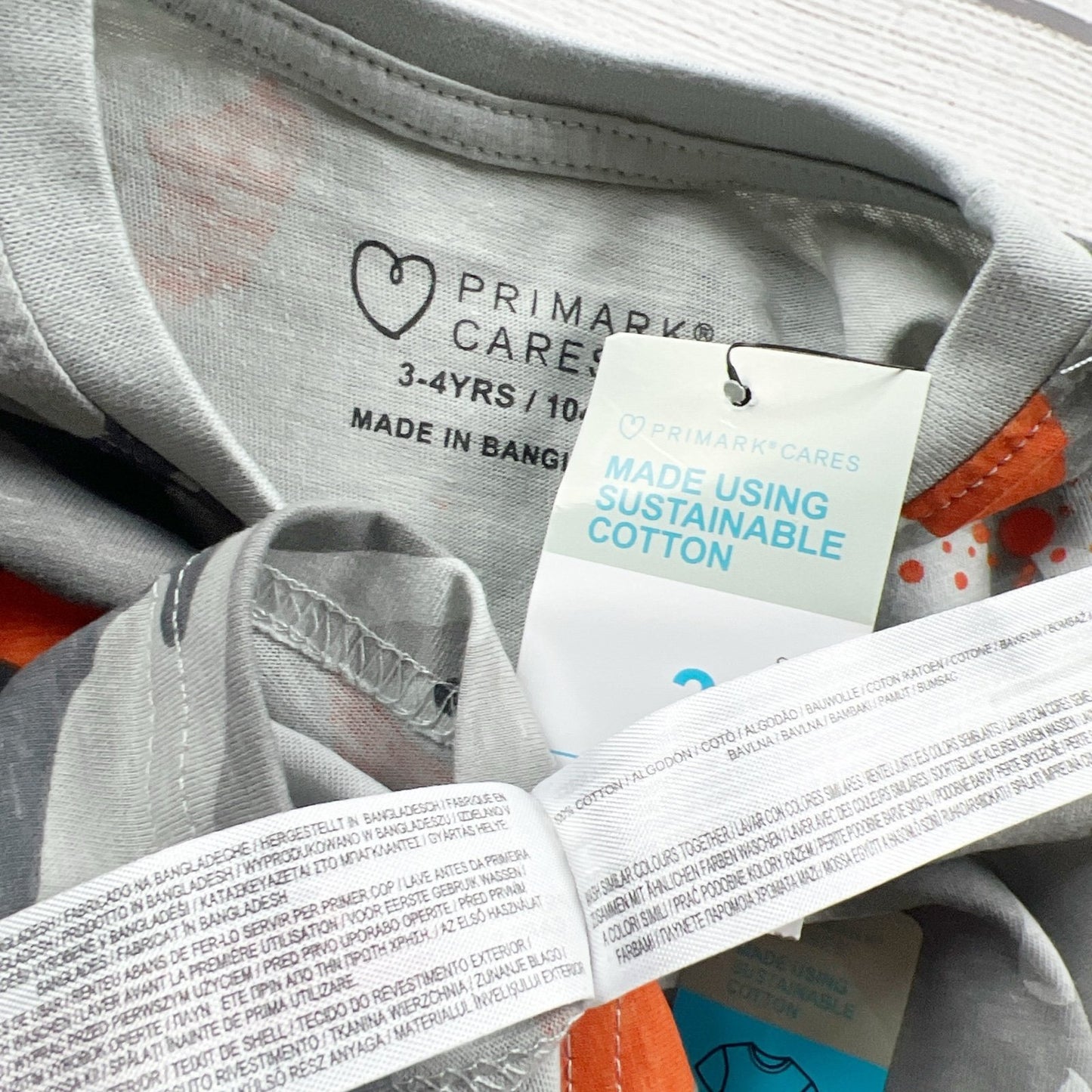 Primark Kids T-Shirt Camo Dinosaur Print Gray Orange Cotton NWT 3-4