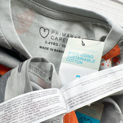 Primark Kids T-Shirt Camo Dinosaur Print Gray Orange Cotton NWT 3-4