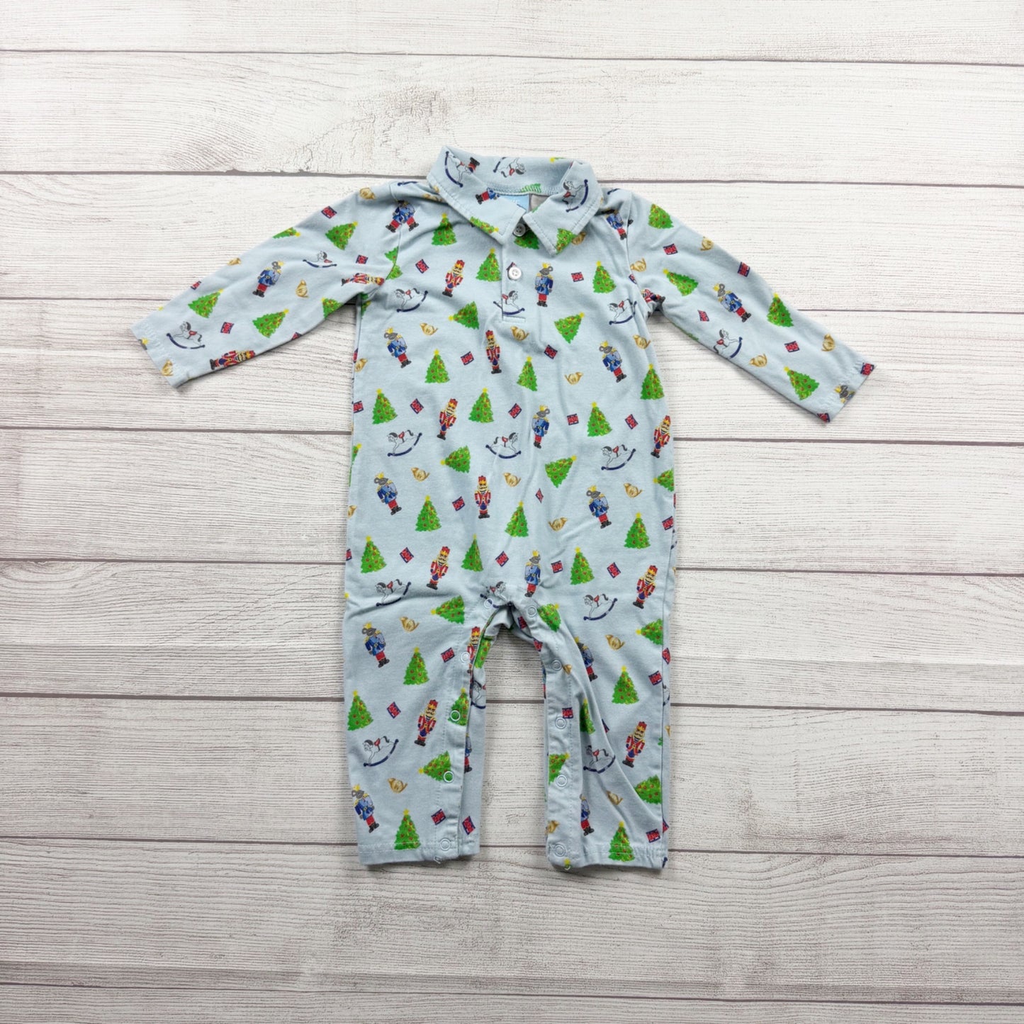 Classic Whimsy Christmas Romper Collared Nutcracker Tree Outfit 12-18 Months
