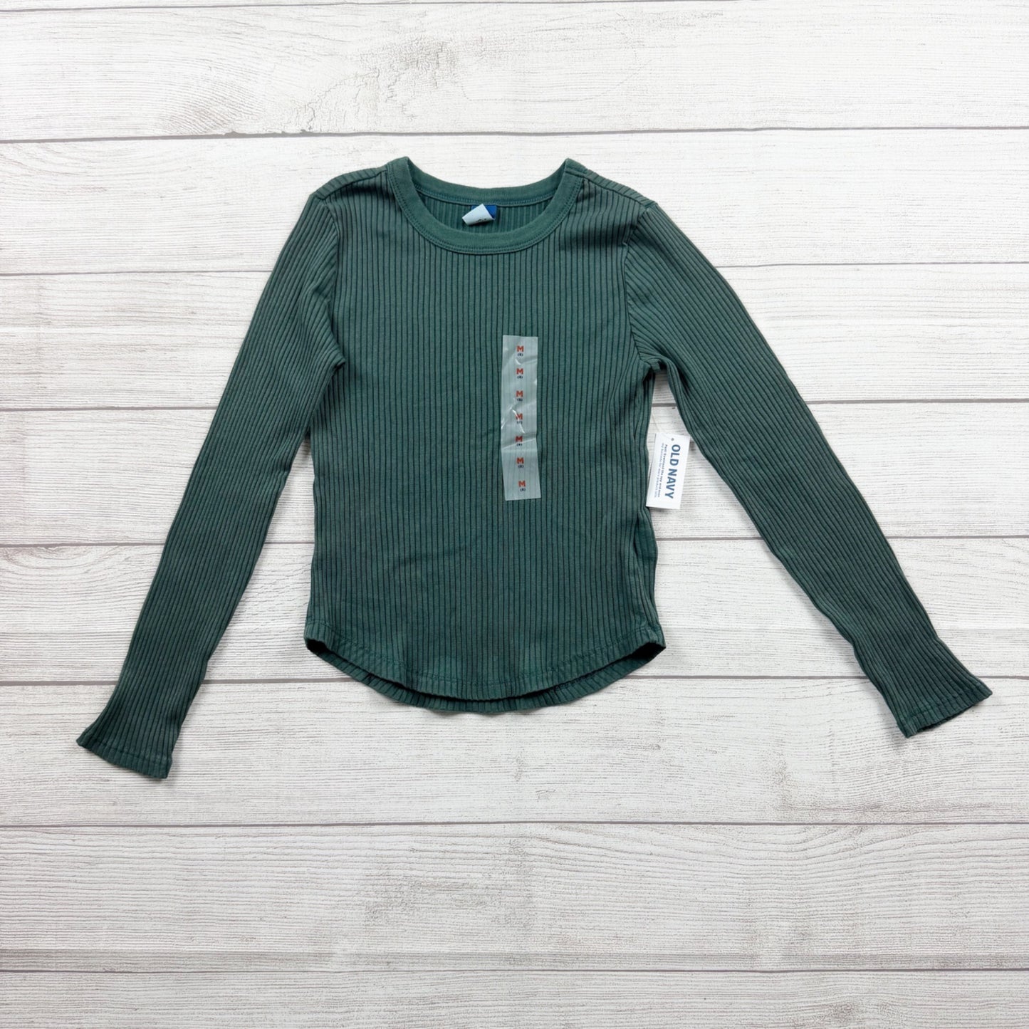 Old Navy Girls Green Ribbed Long Sleeve Top Stretch Knit NWT M 8