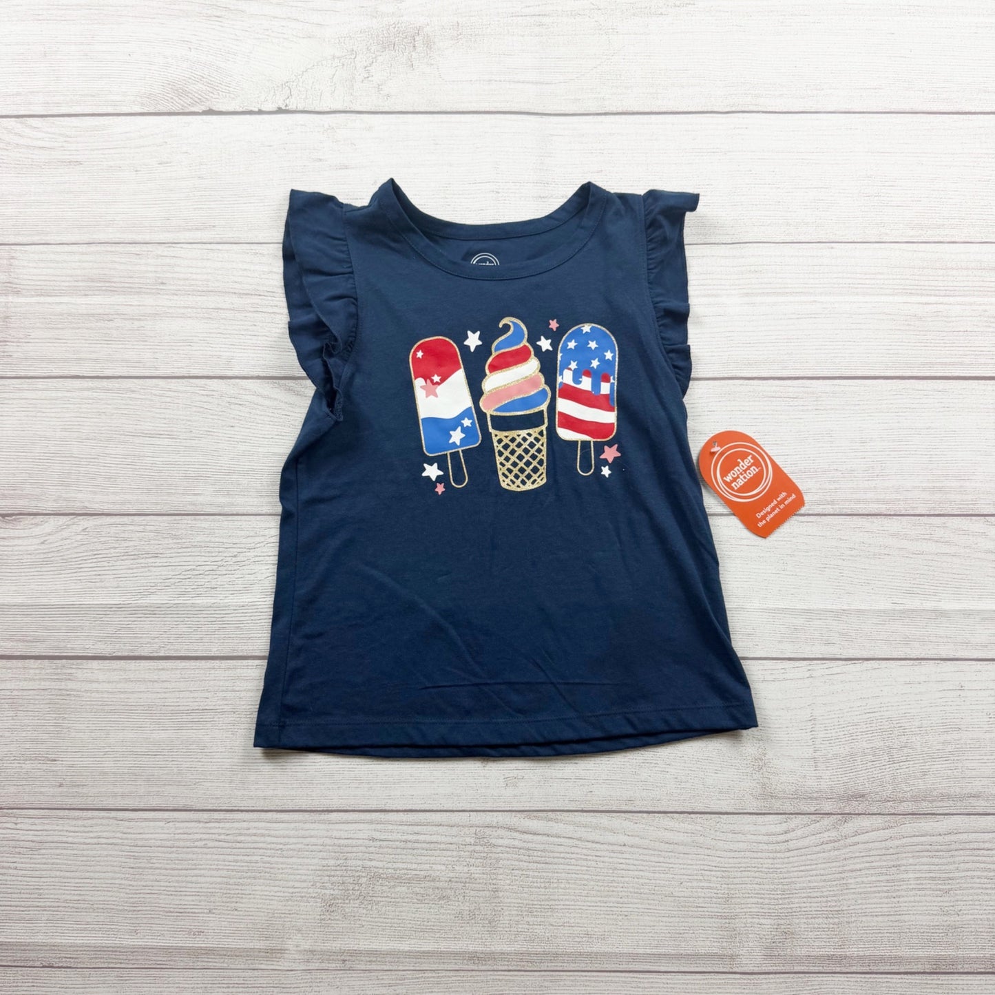 Wonder Nation Girls Patriotic Ice Cream Print Ruffle Sleeve Tank Top NWT M 7-8