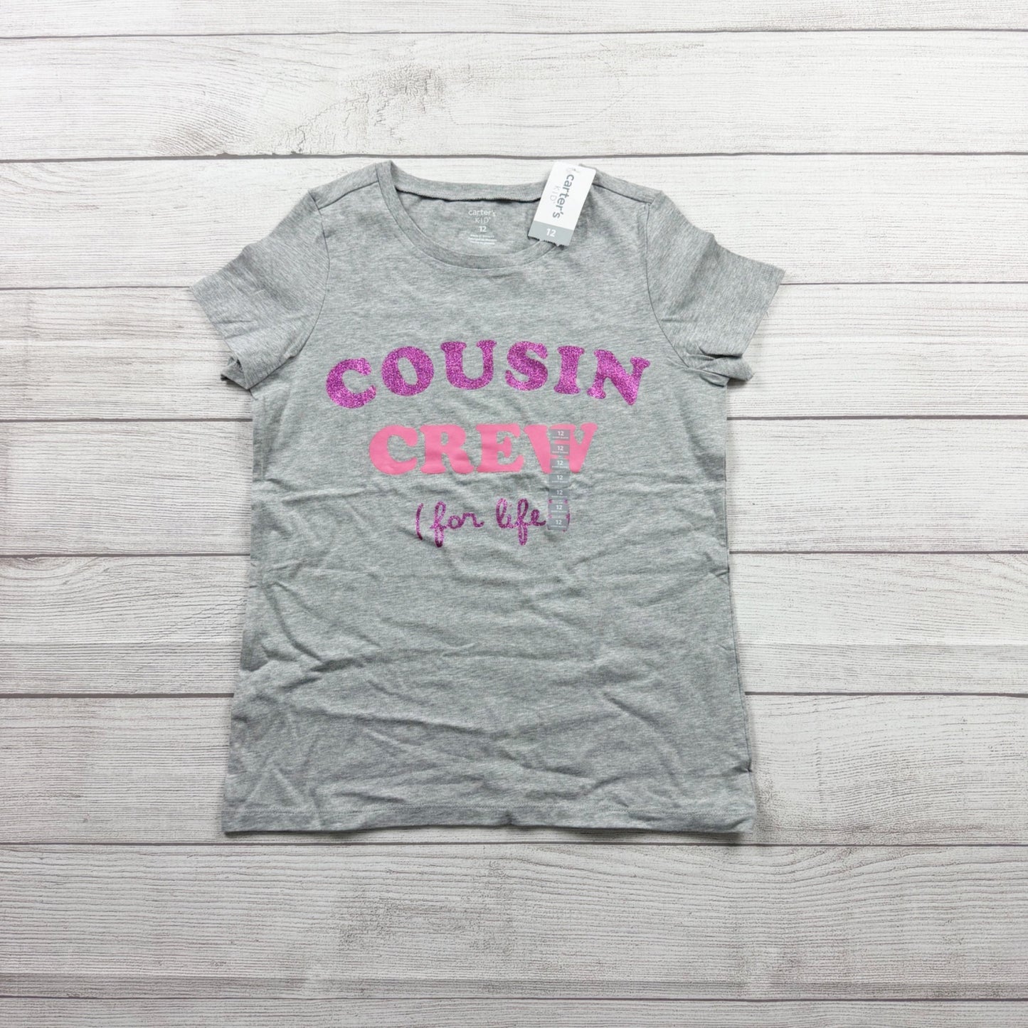 Carter's Kids Girls Cousin Crew for Life T-Shirt Gray Pink Glitter NWT 12