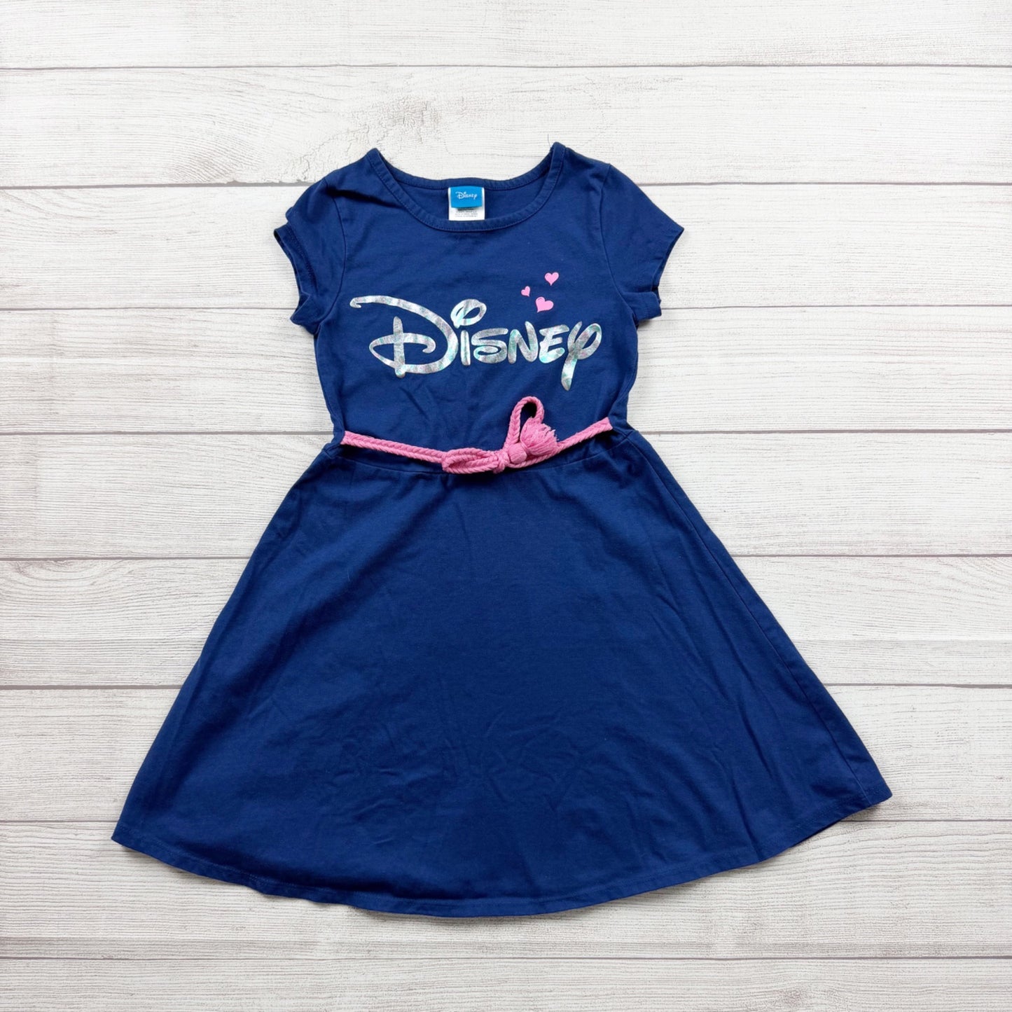 Disney Girls Blue Dress Short Sleeve Logo Dress Pink Belt Fit Flare M 7-8