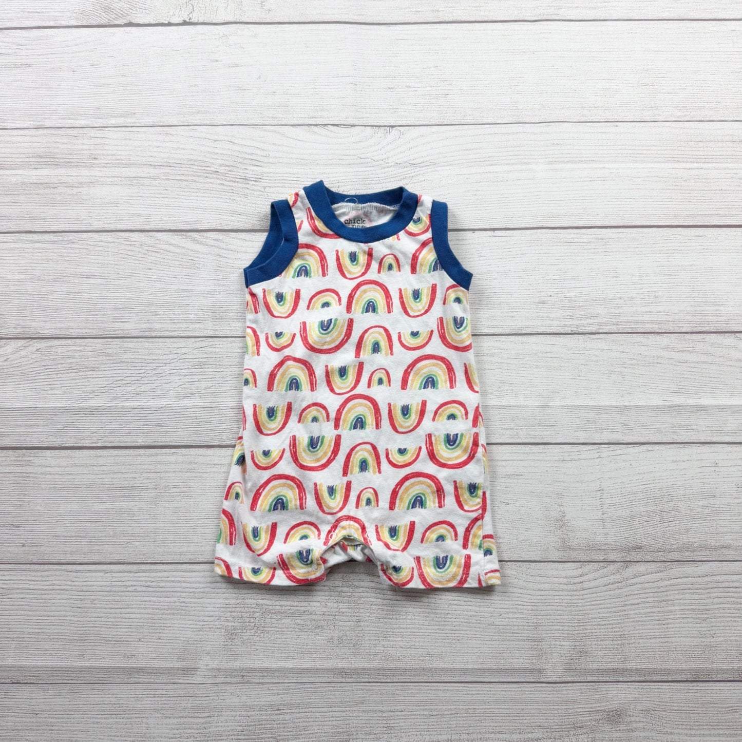 Chick Pea Baby Rainbow Print Sleeveless Romper Blue Trim 6-9 Months
