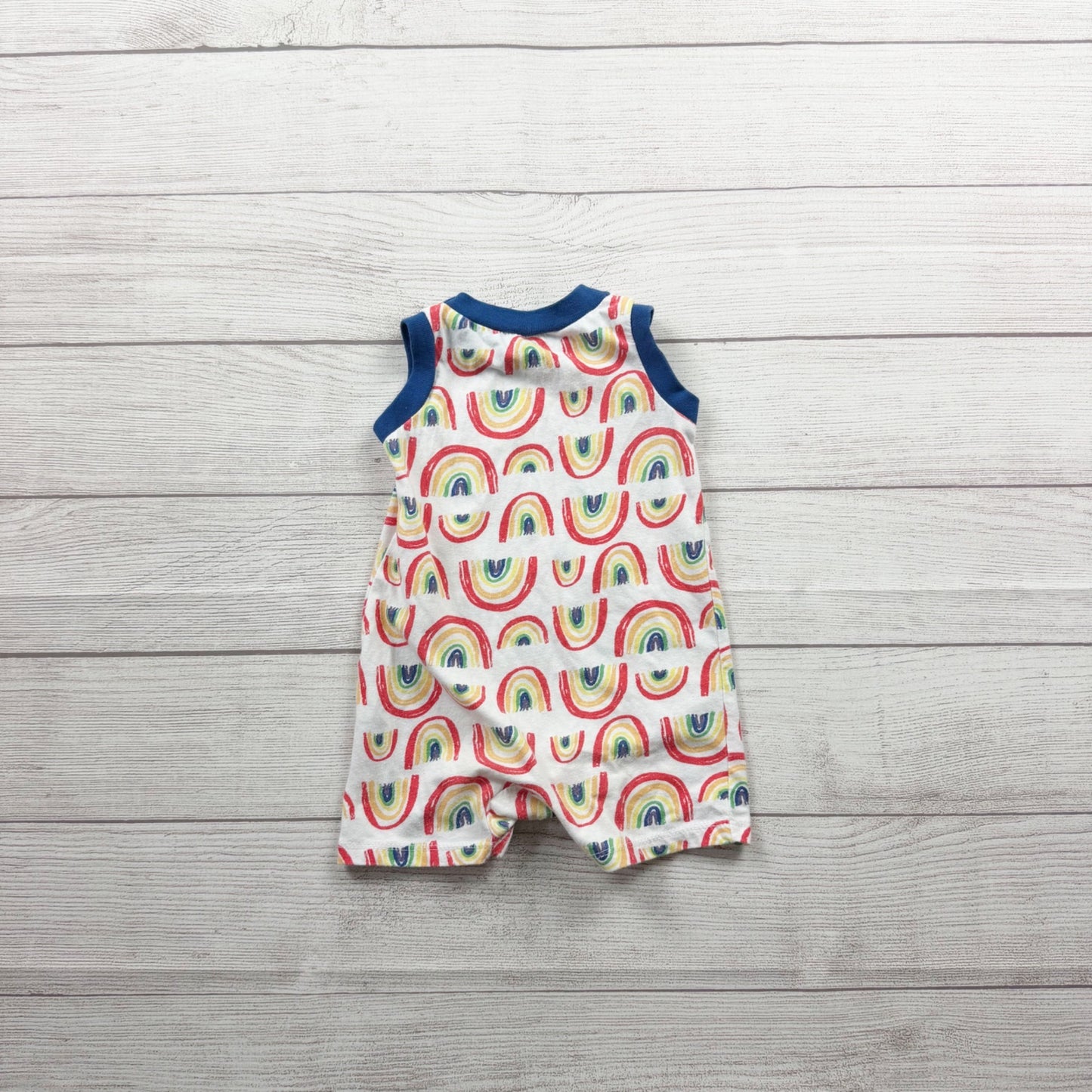 Chick Pea Baby Rainbow Print Sleeveless Romper Blue Trim 6-9 Months