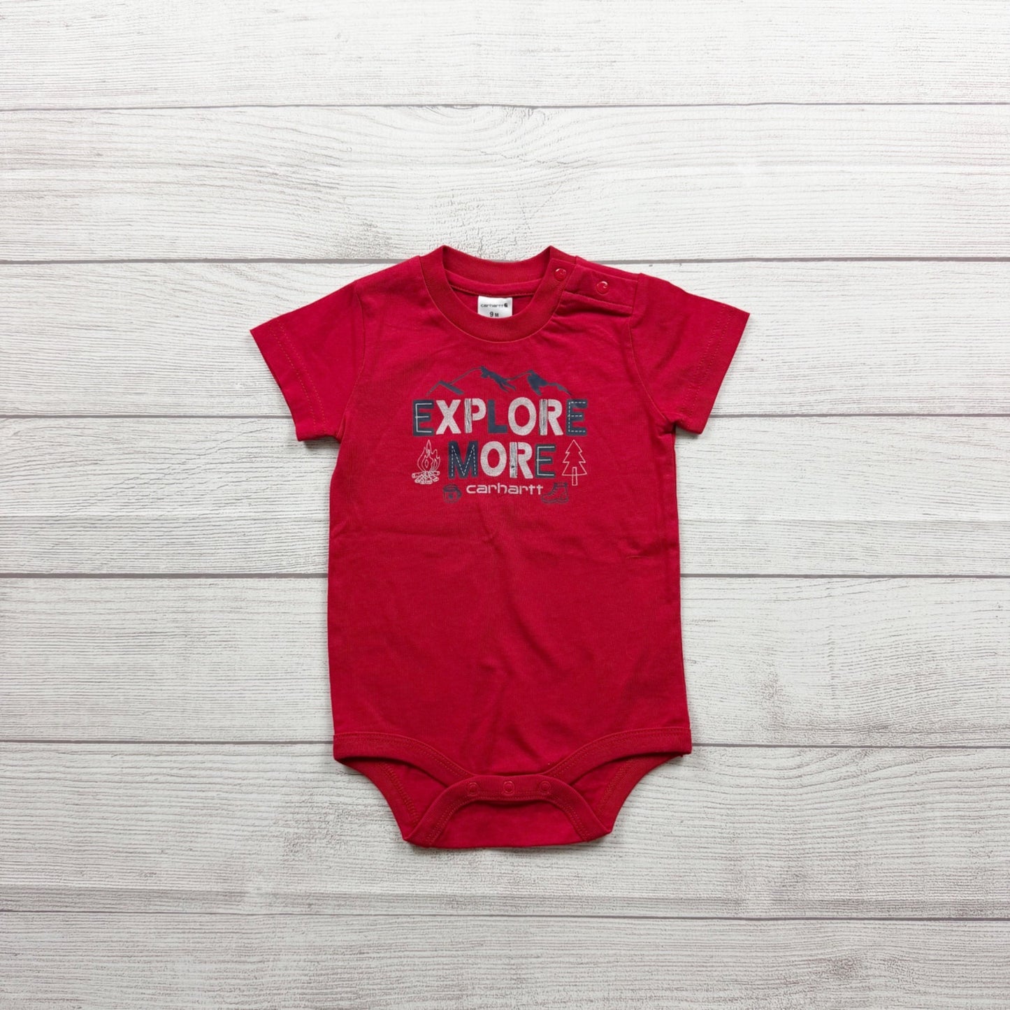 Carhartt Baby Boys Red Explore More Graphic Short Sleeve Bodysuit 6-9 Months