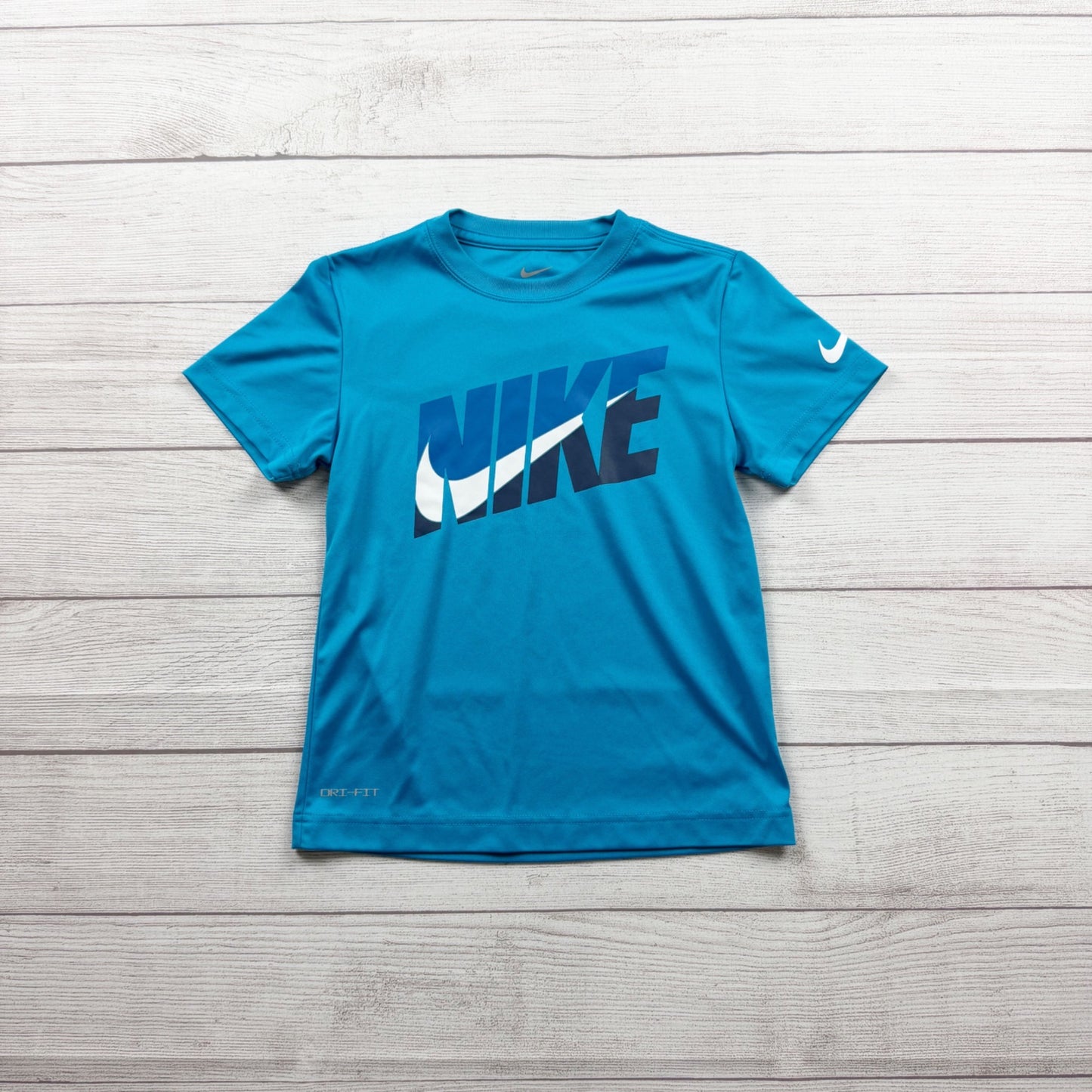 Nike Dri-FIT Kids Blue Logo Short Sleeve Shirt Lightweight Activewear 7