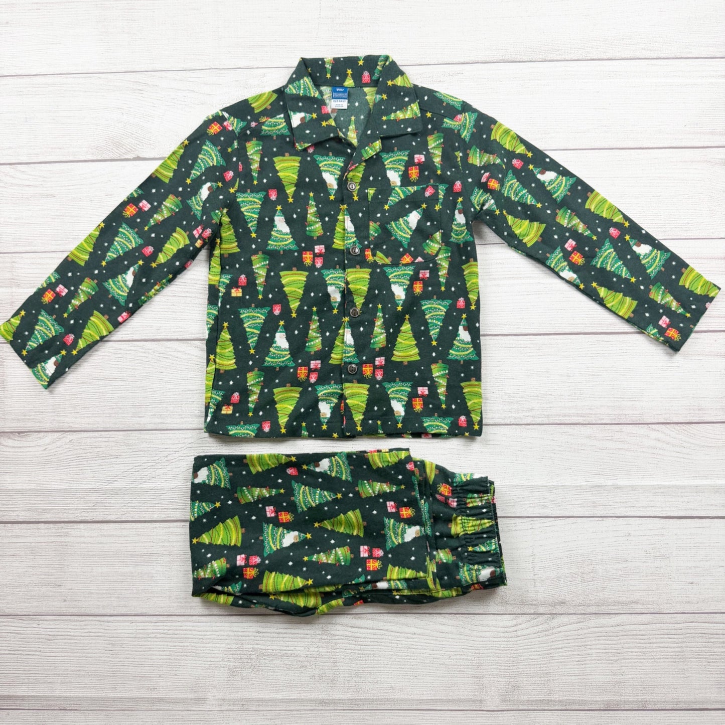 Old Navy Christmas Tree Pajama Set Buttoned Collared Green XS 5