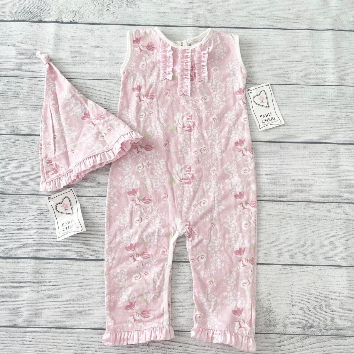 Paris Cheri Floral Romper Girl Sleeveless One Piece Hat Set NWT 6-9 Months