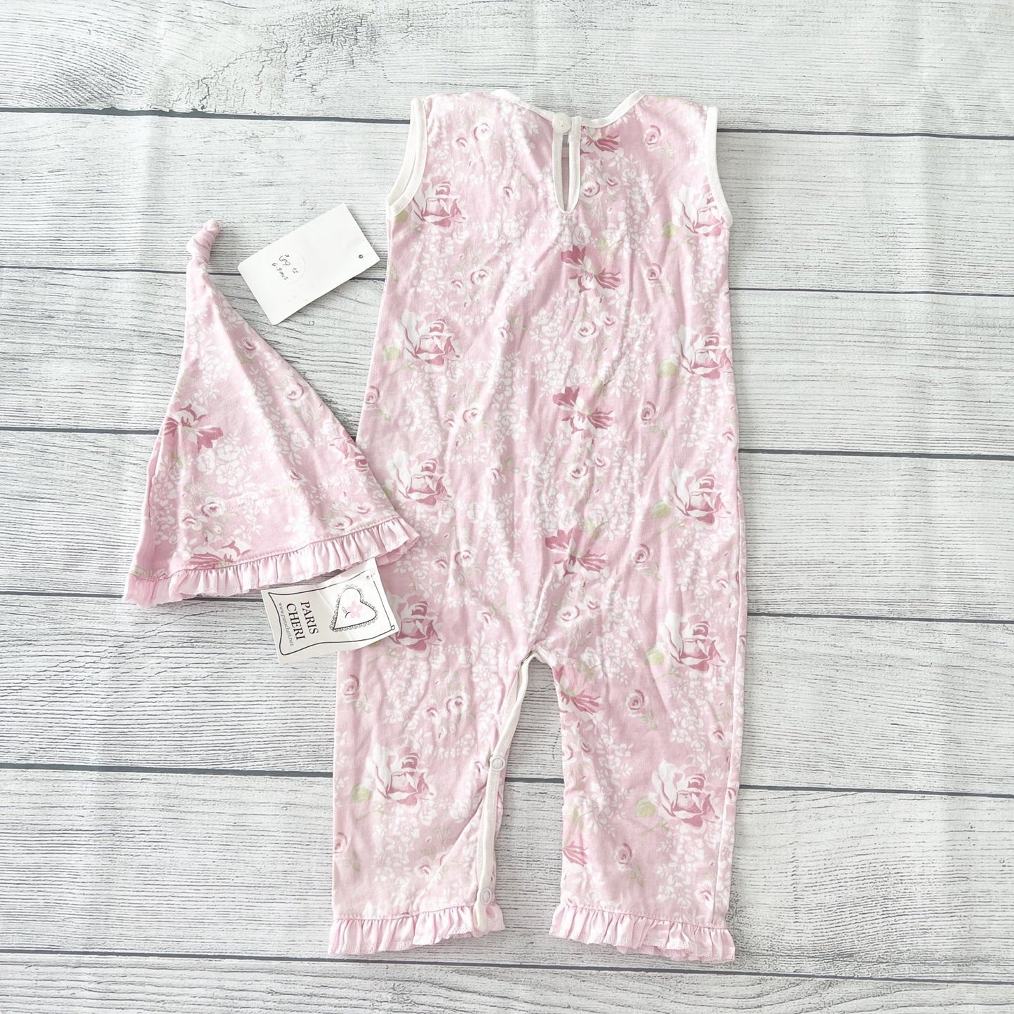 Paris Cheri Floral Romper Girl Sleeveless One Piece Hat Set NWT 6-9 Months