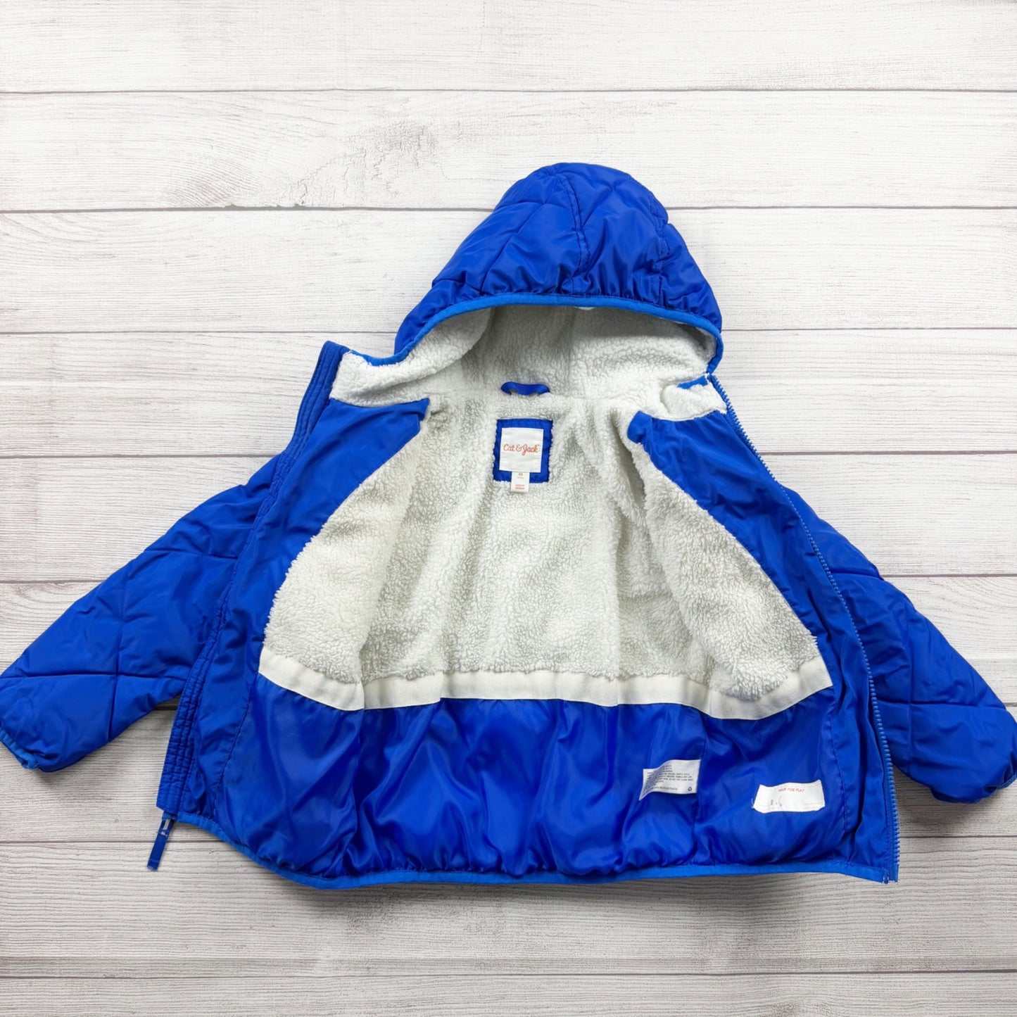 Cat & Jack Kids Hooded Puffer Jacket Blue Sherpa Lined Coat XS 4-5