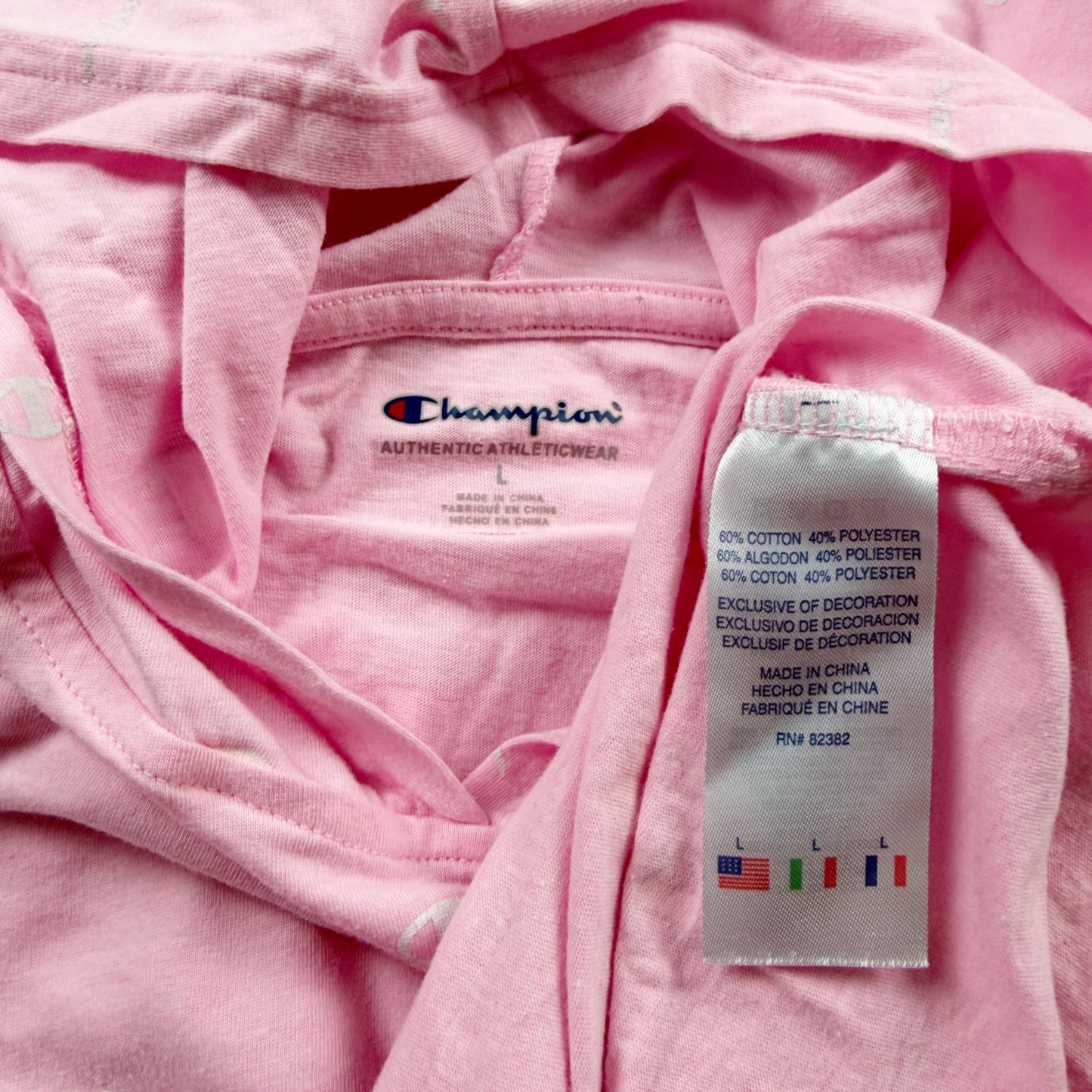 Champion Girls Hoodie Shirt Pink All Over Logo Print Lightweight Pullover L