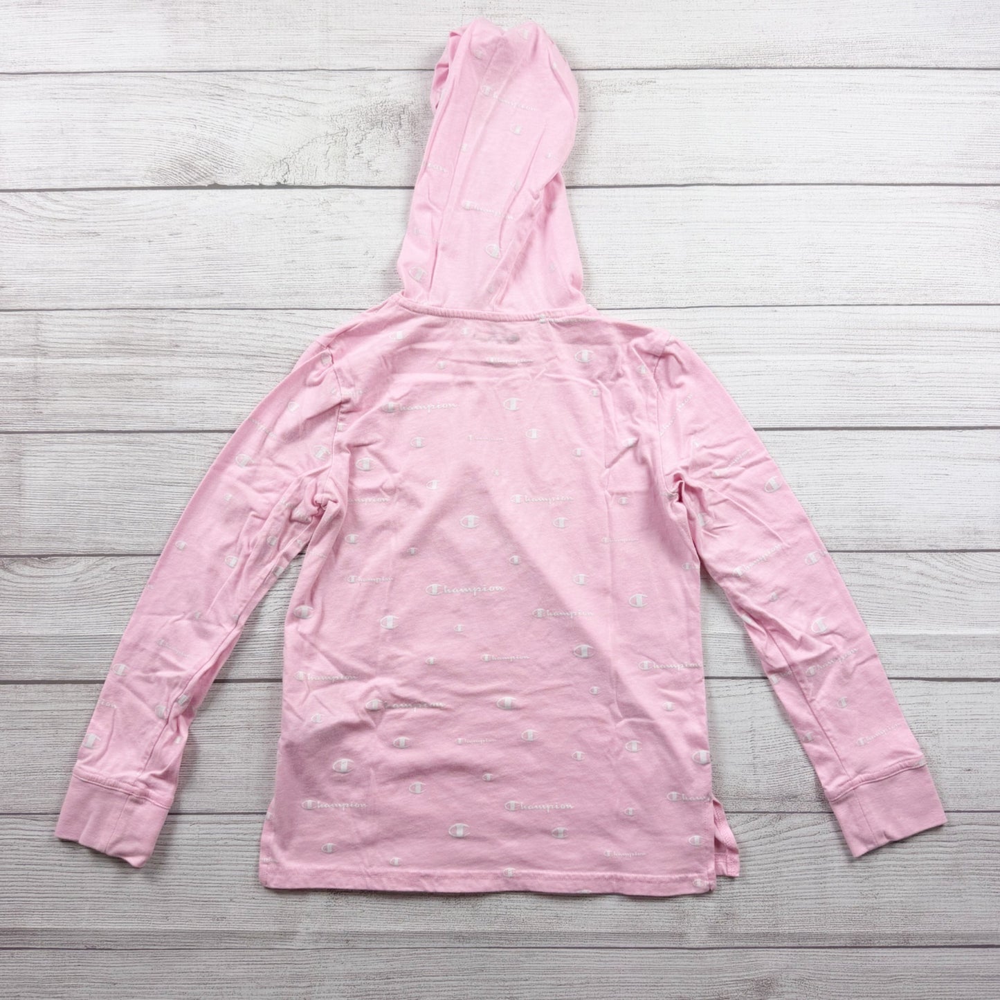 Champion Girls Hoodie Shirt Pink All Over Logo Print Lightweight Pullover L