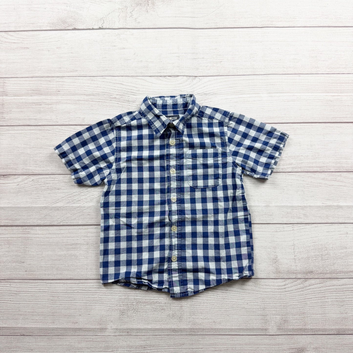 OshKosh BGosh Blue White Gingham Button Up Short Sleeve Shirt 3T