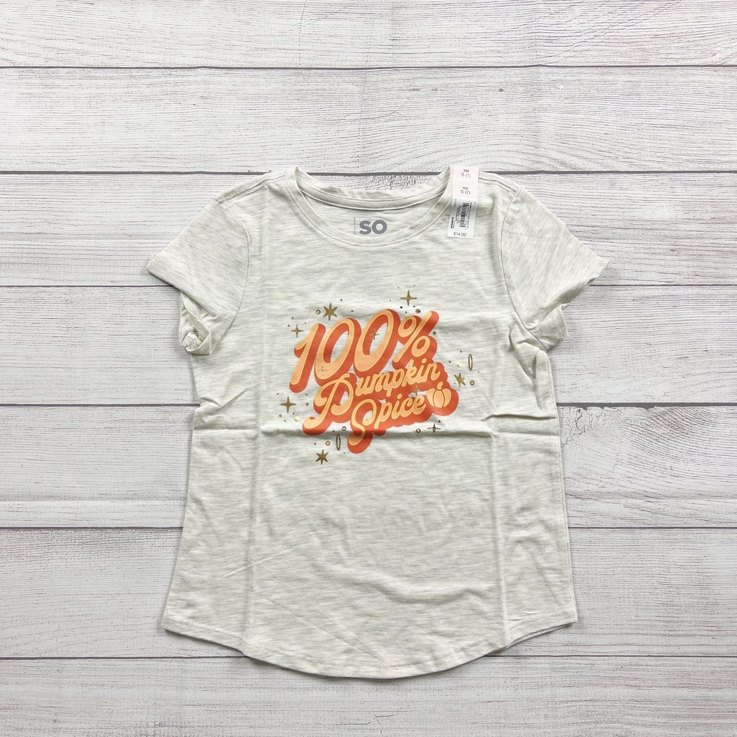 SO Girls 100% Pumpkin Spice Graphic Short Sleeve Tee Ivory NWT S 7
