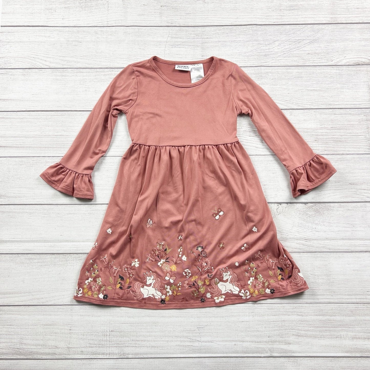 Blueberi Boulevard Unicorn Dress Girls Mauve Ruffle Cuff Dress Floral Print 6