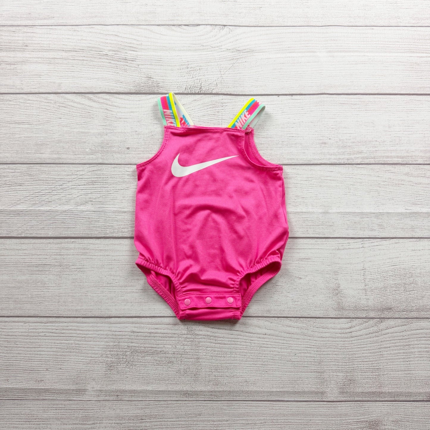 Nike DriFIT Baby Girls Pink One Piece Bodysuit Swimsuit Rainbow Straps 0-3 Months