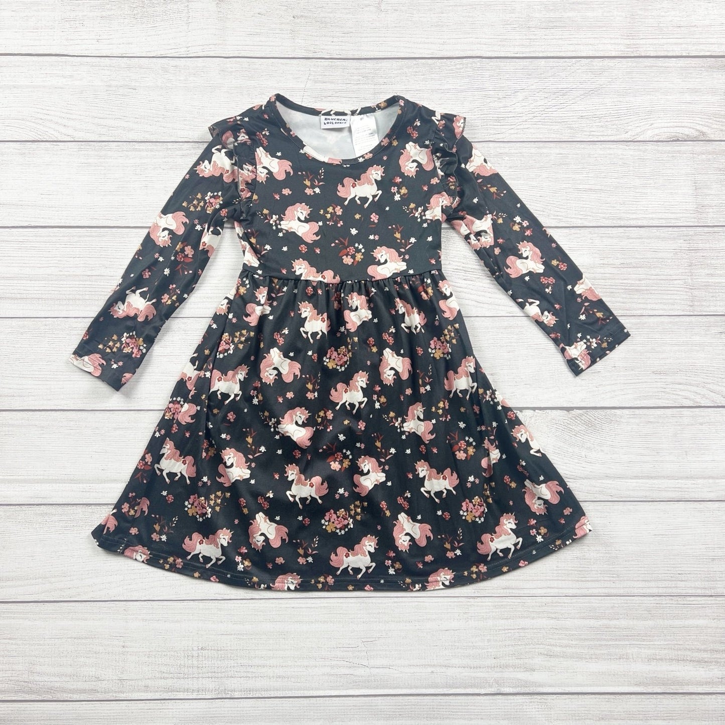 Blueberi Boulevard Girls Dress Black Unicorn Floral Print Long Sleeve Twirl 6