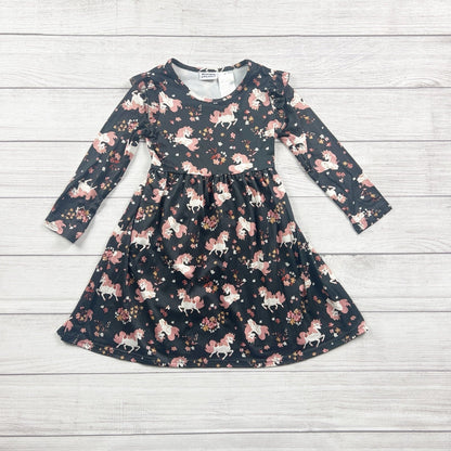 Blueberi Boulevard Girls Dress Black Unicorn Floral Print Long Sleeve Twirl 6