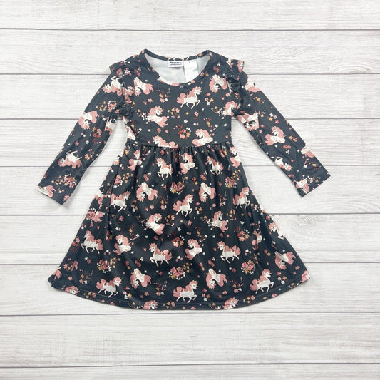 Blueberi Boulevard Girls Dress Black Unicorn Floral Print Long Sleeve Twirl 6