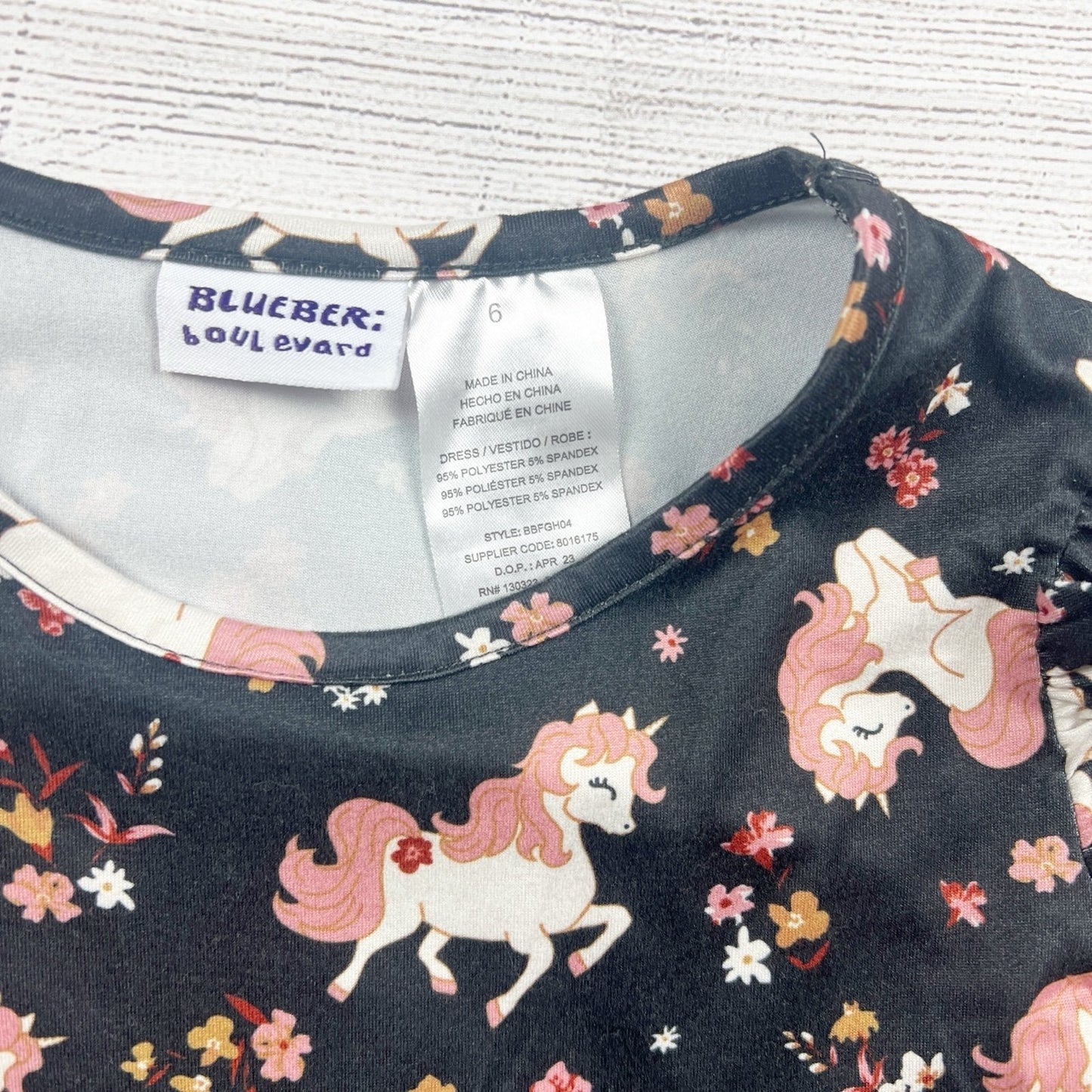 Blueberi Boulevard Girls Dress Black Unicorn Floral Print Long Sleeve Twirl 6