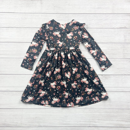 Blueberi Boulevard Girls Dress Black Unicorn Floral Print Long Sleeve Twirl 6