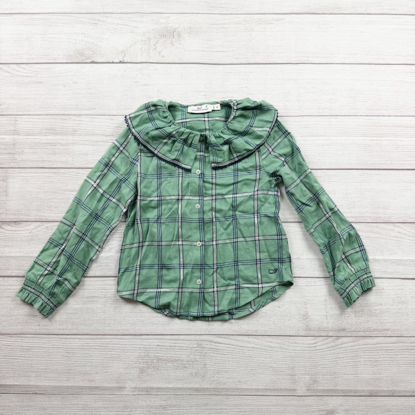 Vineyard Vines Girls Green Plaid Ruffle Neck Shirt Long Sleeve Button Up Top 6