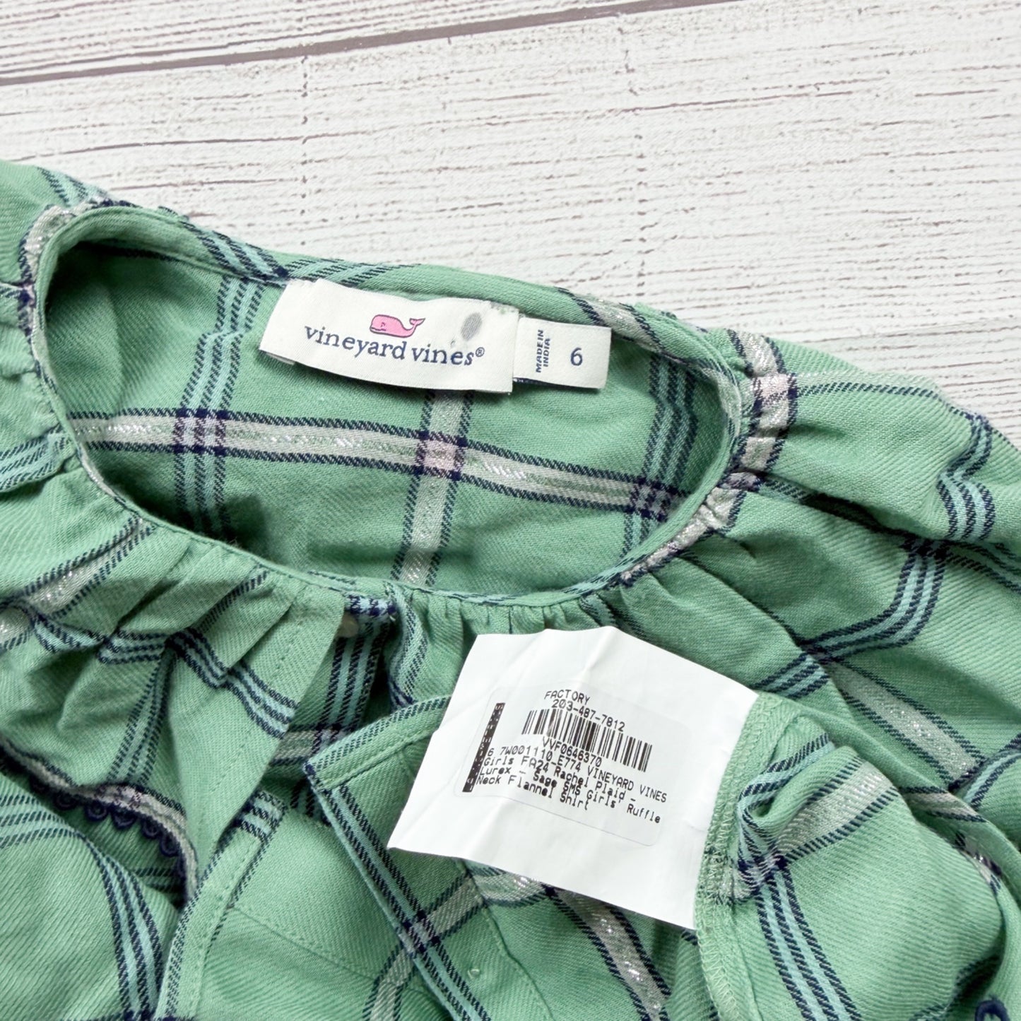 Vineyard Vines Girls Green Plaid Ruffle Neck Shirt Long Sleeve Button Up Top 6