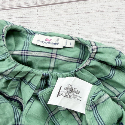 Vineyard Vines Girls Green Plaid Ruffle Neck Shirt Long Sleeve Button Up Top 6