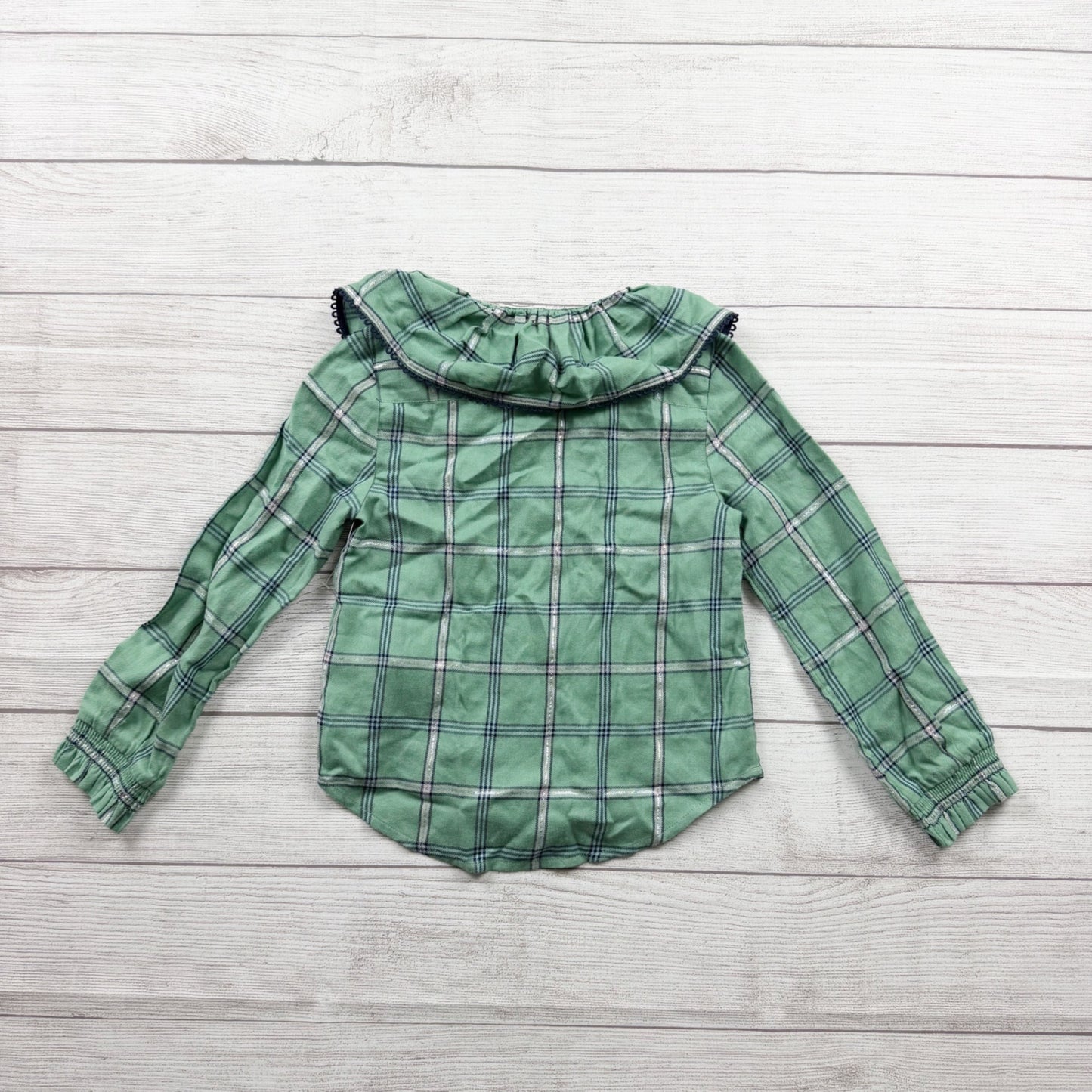 Vineyard Vines Girls Green Plaid Ruffle Neck Shirt Long Sleeve Button Up Top 6