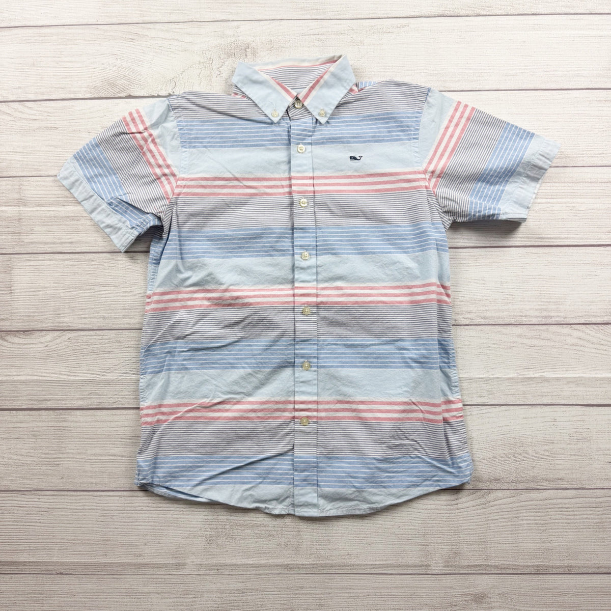 Vineyard Vines Boys Whale Shirt Button Down Striped Short Sleeve M 12-14