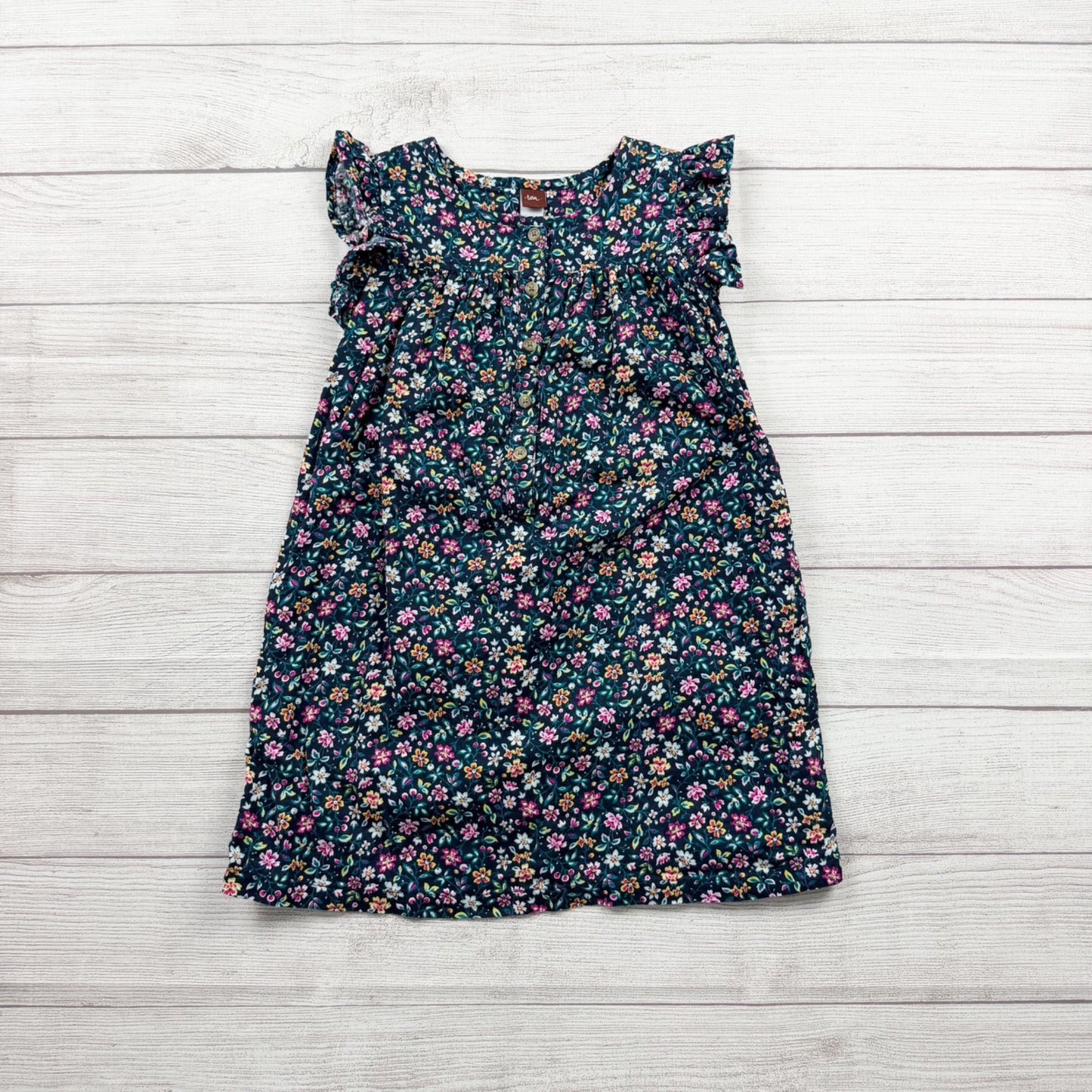 Tea Collection Girls Navy Blue Floral Dress Button Front Flutter Sleeve Dress 7