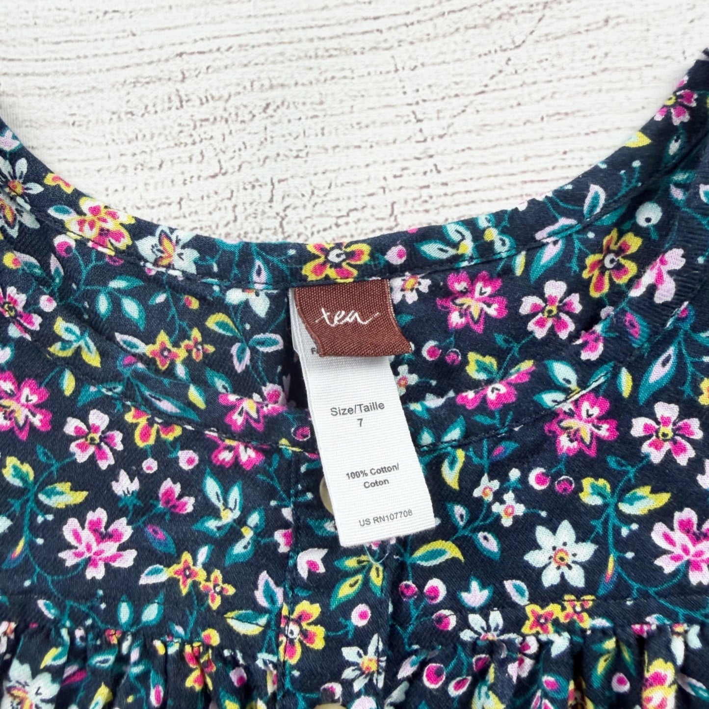 Tea Collection Girls Navy Blue Floral Dress Button Front Flutter Sleeve Dress 7
