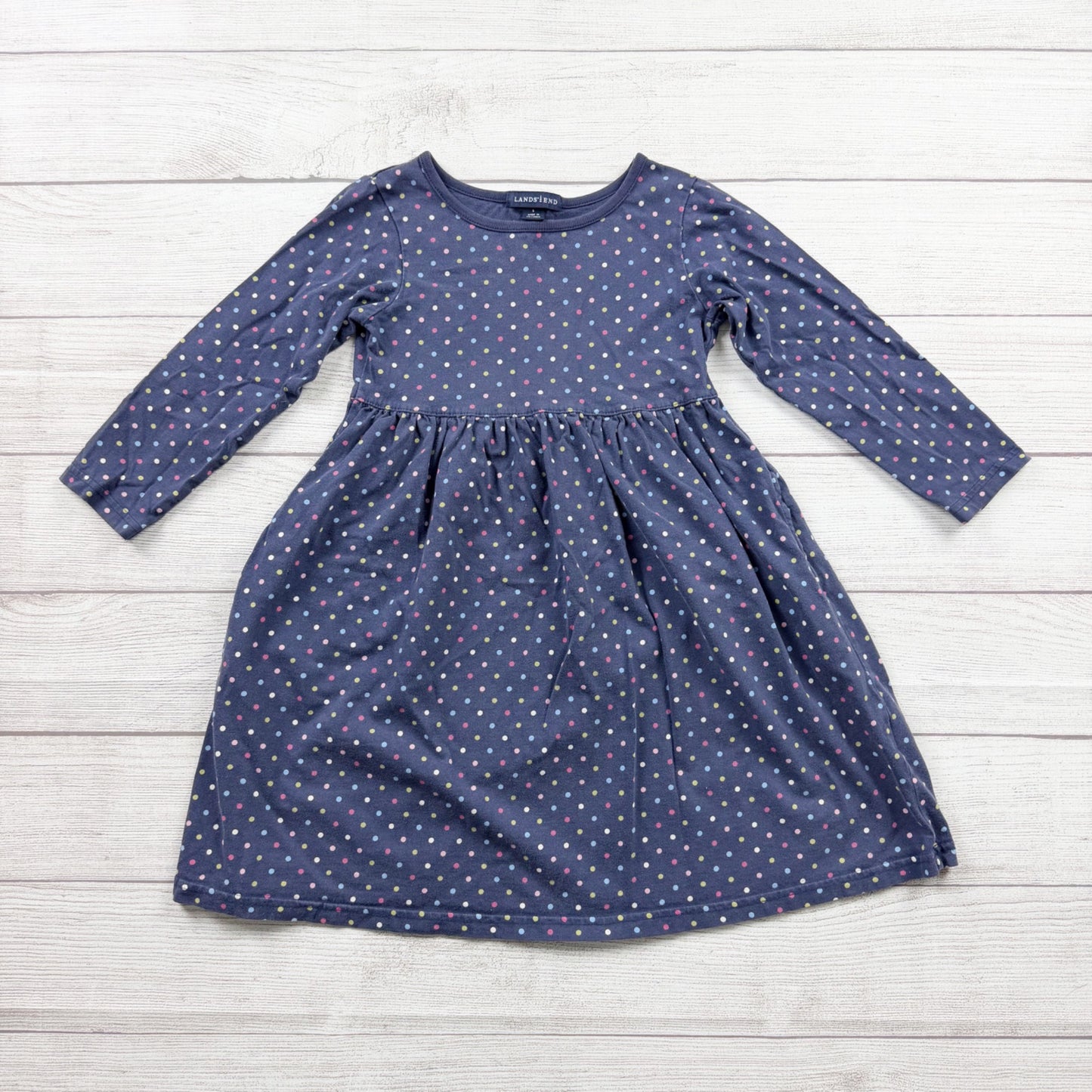 Lands’ End Girls Long Sleeve Dress Navy Polka Dot Knit Fit Flare Casual 6