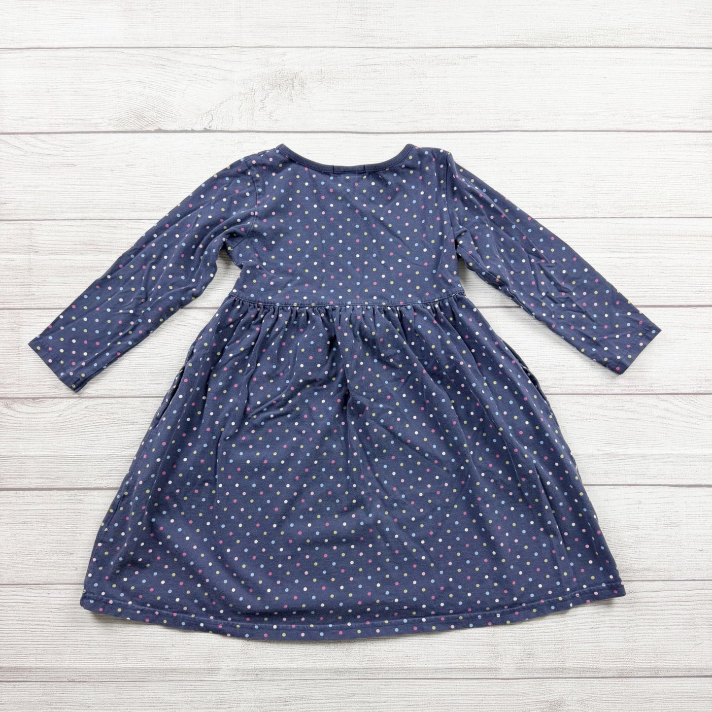 Lands’ End Girls Long Sleeve Dress Navy Polka Dot Knit Fit Flare Casual 6