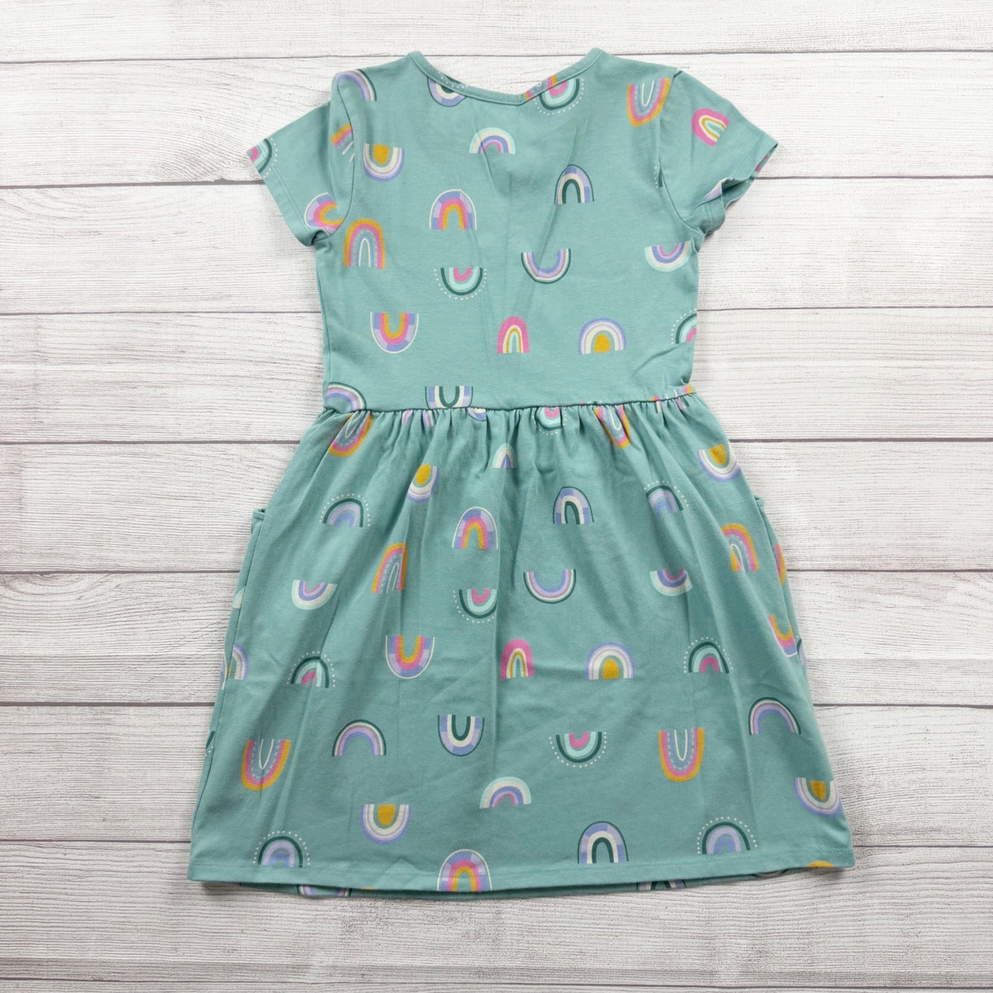 Cat & Jack Girls Dress Rainbow Print Short Sleeve Knit Pocket Dress L 10-12