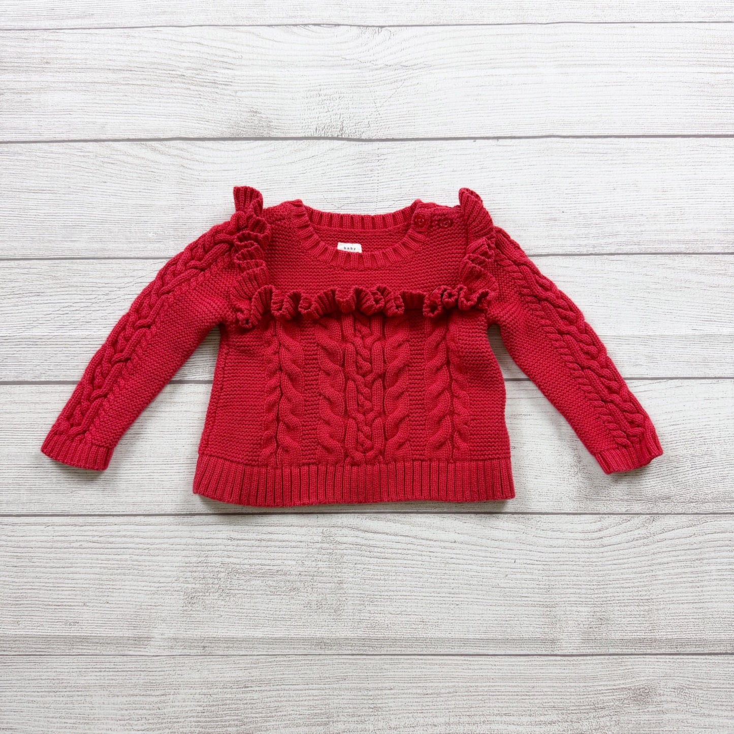 Baby Gap Red Cable Knit Sweater Ruffle Detail Long Sleeve Pullover 6-12 Months