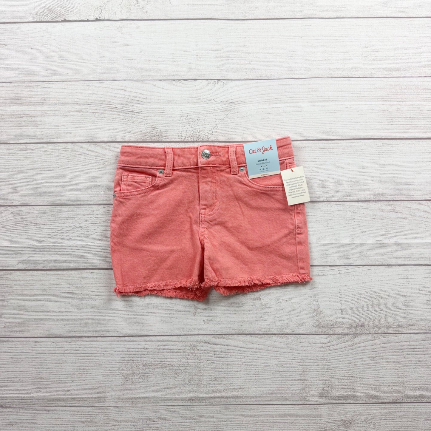 Cat & Jack Girls Coral Pink Stretch Denim Shorts Frayed Hem NWT S 6-7