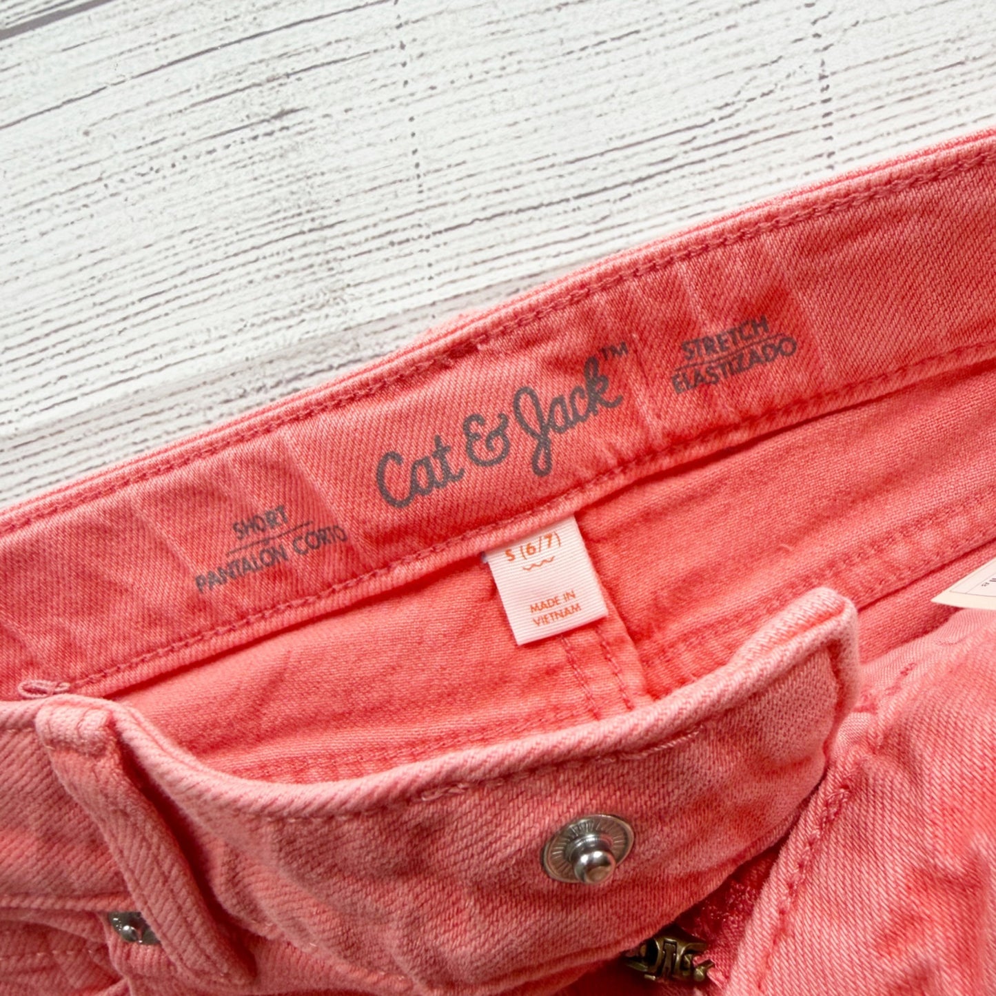 Cat & Jack Girls Coral Pink Stretch Denim Shorts Frayed Hem NWT S 6-7