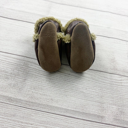 Robeez Baby Booties Brown Leather Moccasins Faux Fur Lined Soft Sole 0-6 Months