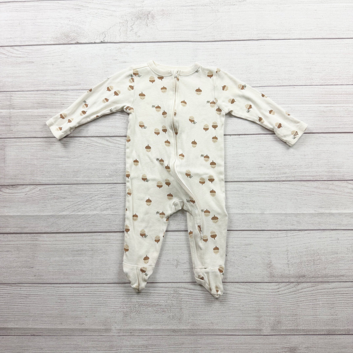 Old Navy Footed Sleeper Acorn Print Cream 2-Way Zipper Long Sleeve 6-9 Months