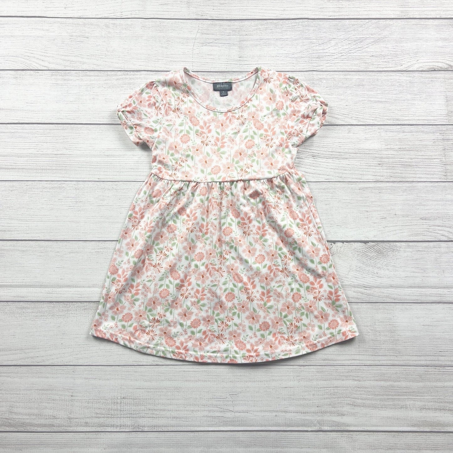 Picapino Girls Dress White Peach Floral Print Short Sleeve Casual Dress 6
