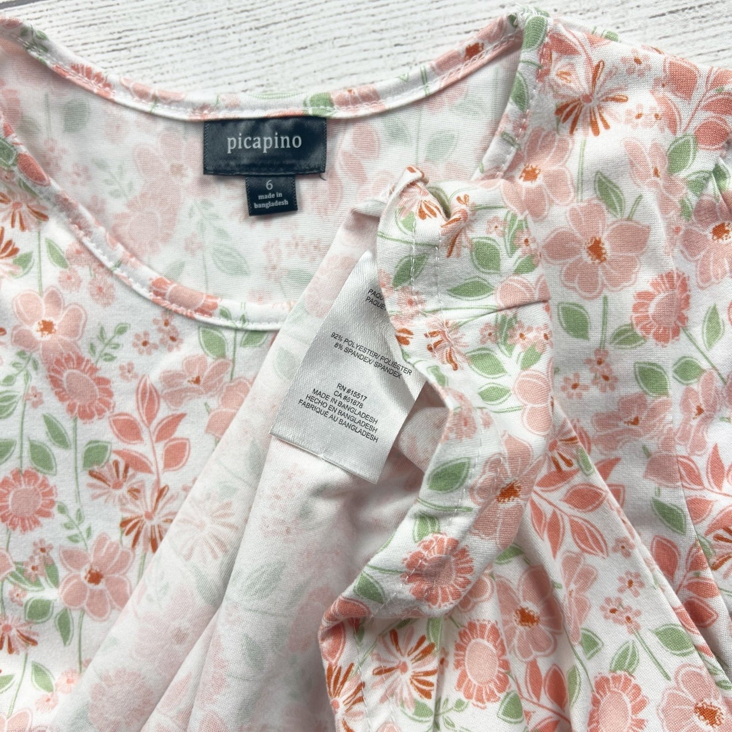 Picapino Girls Dress White Peach Floral Print Short Sleeve Casual Dress 6