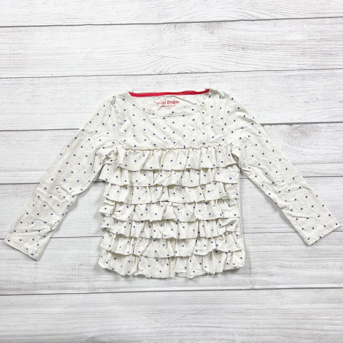 Mini Boden Girls Tiered Ruffle Star Print Long Sleeve Top 5-6