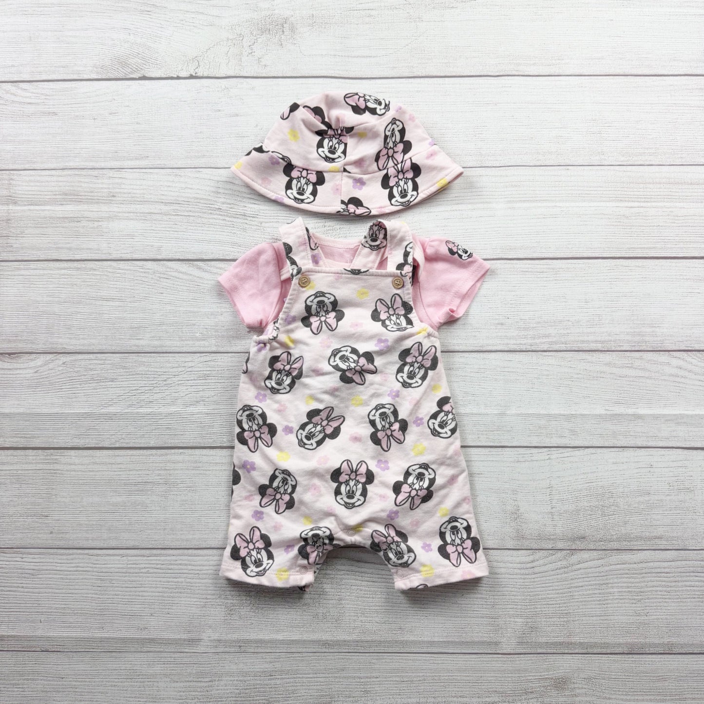 Disney Baby Minnie Mouse 3 Piece Outfit Set Bodysuit Overalls Hat 6-9 Months