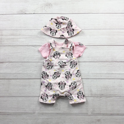 Disney Baby Minnie Mouse 3 Piece Outfit Set Bodysuit Overalls Hat 6-9 Months