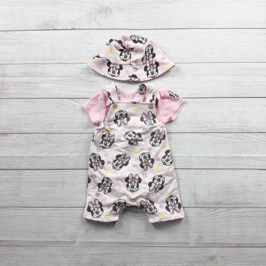 Disney Baby Minnie Mouse 3 Piece Outfit Set Bodysuit Overalls Hat 6-9 Months