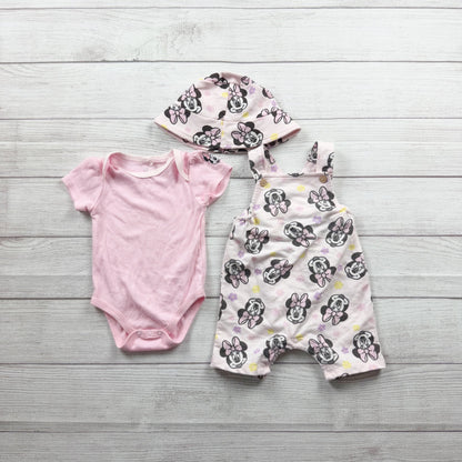 Disney Baby Minnie Mouse 3 Piece Outfit Set Bodysuit Overalls Hat 6-9 Months