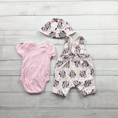 Disney Baby Minnie Mouse 3 Piece Outfit Set Bodysuit Overalls Hat 6-9 Months