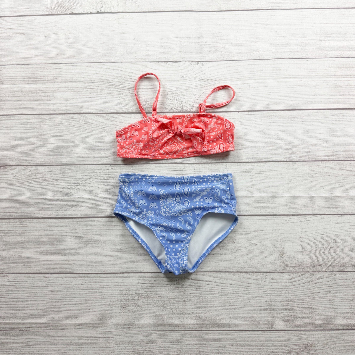 Art Class Girls Swimsuit Set Paisley Print Red Blue High Waisted Bikini XS 4-5
